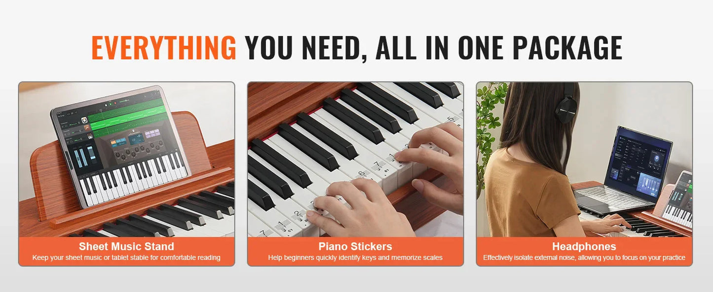 VEVOR Piano numérique, 88 touches entièrement pondérées, ensemble piano à clavier électrique portable avec double clavier, haut-parleurs, pédale de sustain, casque, Bluetooth USB MIDI, pour débutants