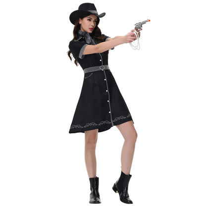 Costume de Cosplay de Cowgirl d'halloween pour femmes adultes, ensemble de robe fantaisie de fête de carnaval, Costume occidental noir pour spectacle sur scène