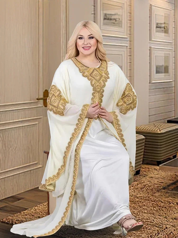 Abaya-Robes de soirée pour femmes, caftan musulman, manches évasées, robe brodée en dentelle dorée, trempée Jalabiya, Ramadan, ensemble de 2 pièces