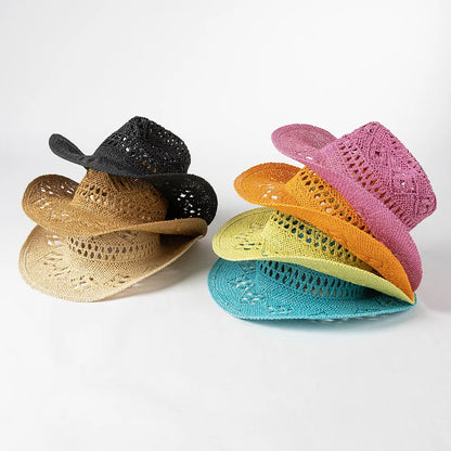 Chapeau de paille de cowboy vert matcha, tissé à la main, creux, pour hommes et femmes, chapeau de soleil d'été, chapeau de paille de cowboy occidental
