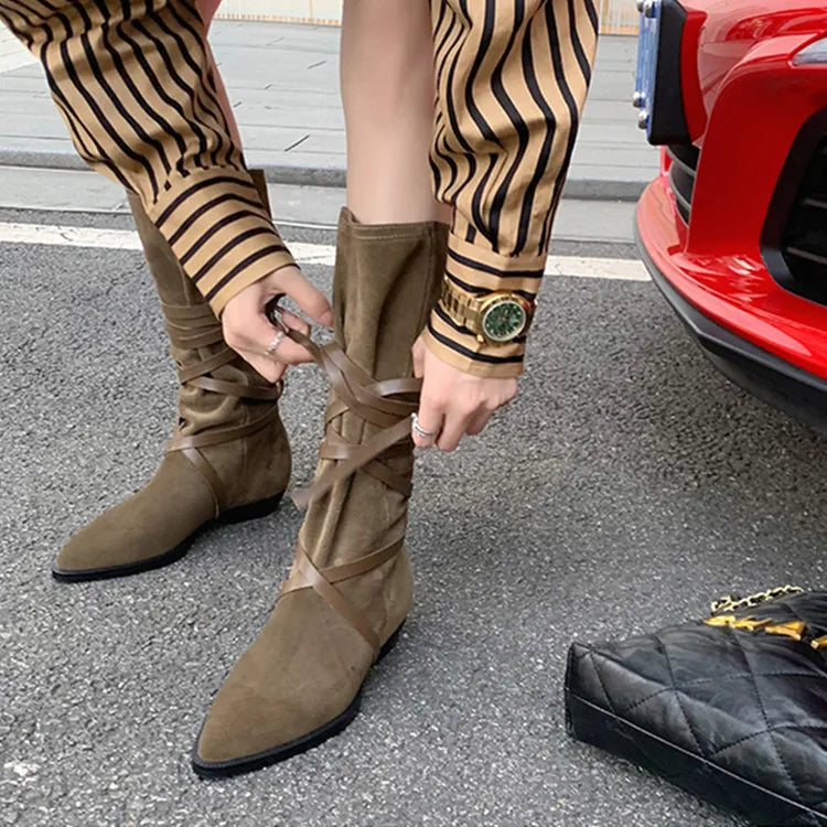 Matte Leather Gothic Western Cowboy Boots Women's Fashion Autumn New Style Pointed Toe Lace-up Retro High Top Flat Heel Boots