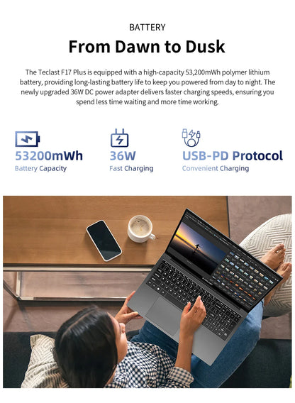 Teclast F17 Plus 2025 Laptop 17.3 inch Intel N150 Computer 16GB RAM 512GB SSD Windows 11 Pro 180° Flip Laptops mini-HDMI USB3.2