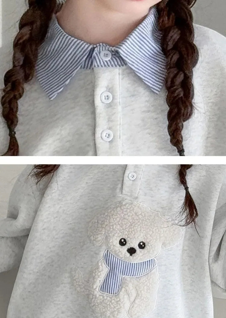 Sweat-shirt à capuche pour filles, Polo deux pièces en Faux, moyen-grand, coupe ample, haut de chiot de dessin animé, nouvelle collection printemps/automne 2025