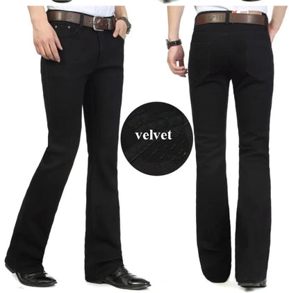 Men's Flared Jeans For Winter Thick Mid High Waist Slim Bell-bottoms Pants Elastic Fared Denim Trousers Size 26-40