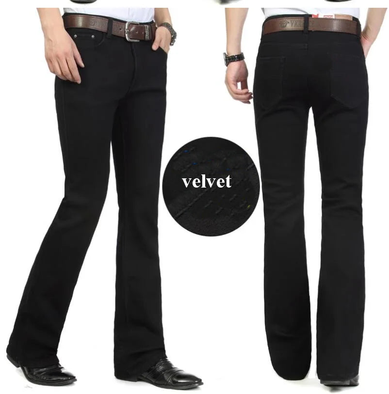 Men's Flared Jeans For Winter Thick Mid High Waist Slim Bell-bottoms Pants Elastic Fared Denim Trousers Size 26-40