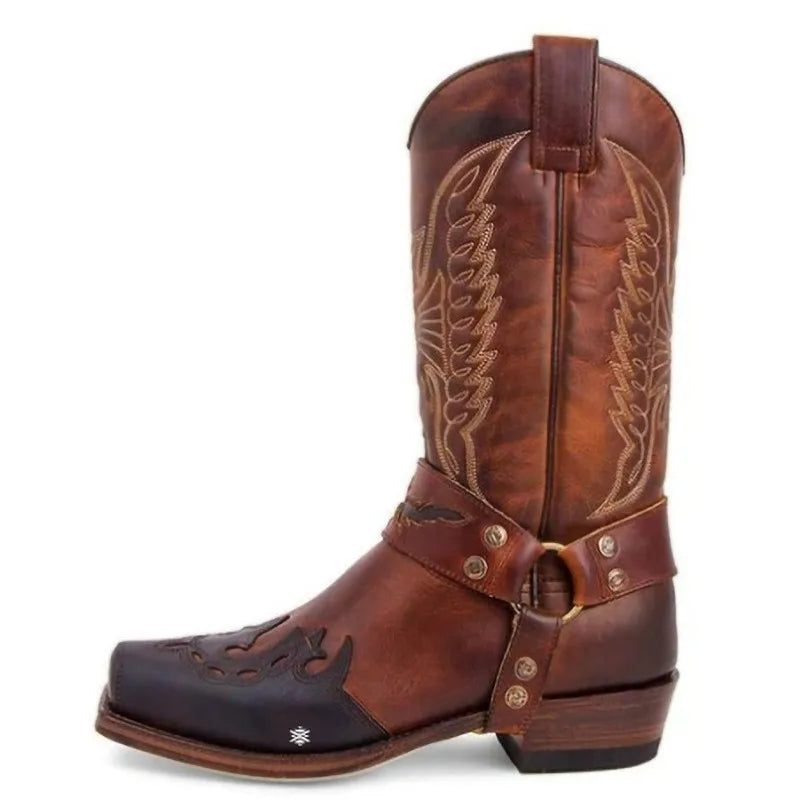 2025 Luxury Foreign Trade New Men's Square Head European and American Embroidery Men's Leather Knight Boots Low Heel Men's Shoes