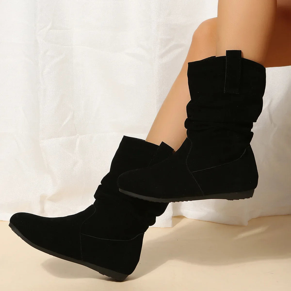 Women Flat Mid-calf Suede Ankle Boots Platform West Cowboy Shoes Round Toe Boot 2025 Autumn Designer Ladies Suede Botas De Mujer