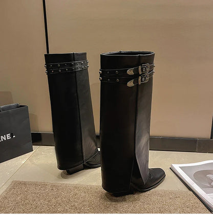 Autumn Cowboy Boots For Women Fashion Slip On Long Pipe Boots Female Square High Heel Trend Winter Footwear