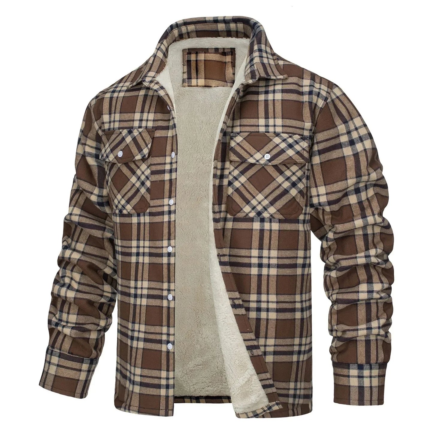 Men Fall Winter Jacket Plaid Print Lapel Soft Plush Long Sleeve Single-Breasted Loose Thickened Casual Mid Length Men Coat