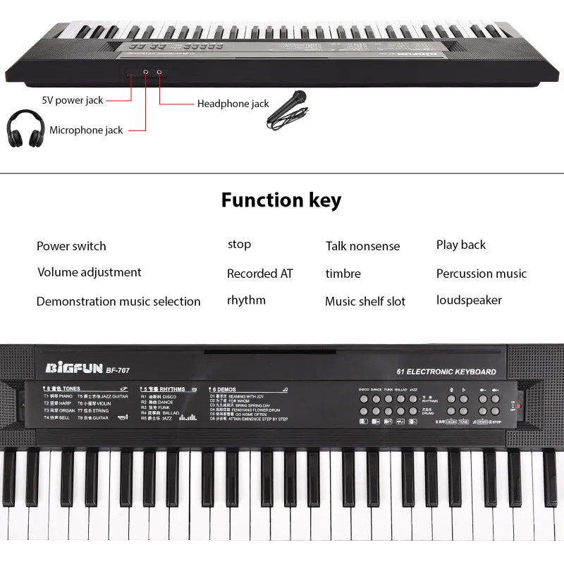 BIGFUN-Clavier électronique à 61 touches pour touristes, piano, haut-parleurs, 8 tons, 5 dangthms, 5 tambours, percussion, tension, 6 démonstration, musique