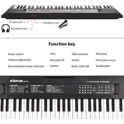 BIGFUN-Clavier électronique à 61 touches pour touristes, piano, haut-parleurs, 8 tons, 5 dangthms, 5 tambours, percussion, tension, 6 démonstration, musique