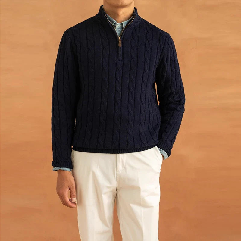 Men's Luxury Leisure Knit Mock Turtleneck Zipper Pullover Sweater Streetwear Retro Solid Long Sleeve Popular Jacquarded Knitwear