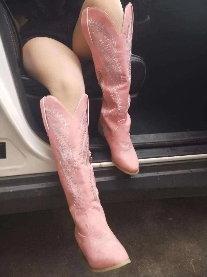 Women Fashion Boots Spring Low Heel Women Shoes Cool British Embroidered Design Soft Short Boots Party Knee High Boots Pink 2024