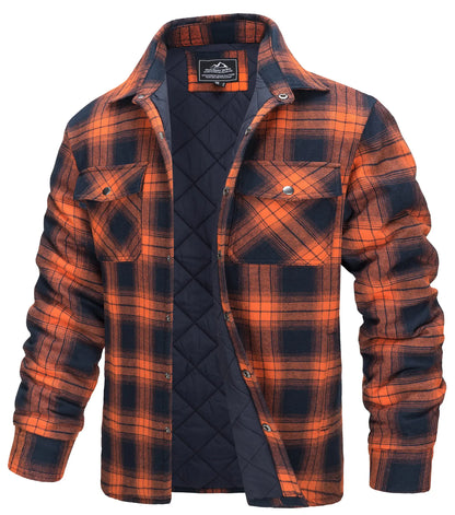 TACVASEN Winter Plaid Cotton Jackets Mens Long Sleeve Quilted Lined Flannel Shirt Jacket Multi-Pockets Outwear Hiking Coats Tops