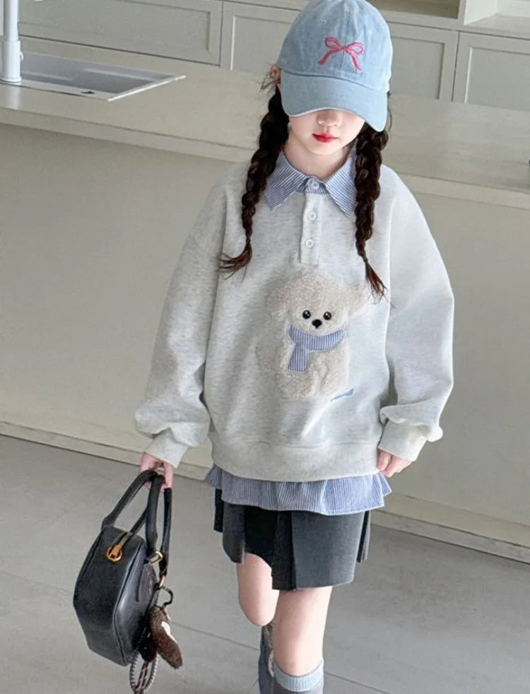 Sweat-shirt à capuche pour filles, Polo deux pièces en Faux, moyen-grand, coupe ample, haut de chiot de dessin animé, nouvelle collection printemps/automne 2025