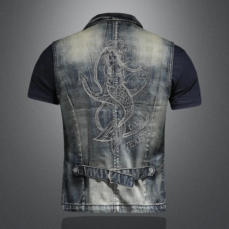 2024 Punk Embroidered Cowboy Waistcoat for Men Fashion Handsome Autumn New Personality Suit Collar Literary High Quality
