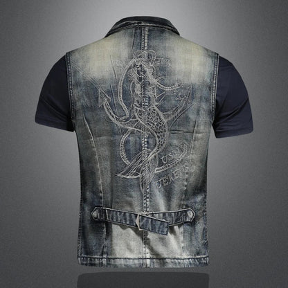 2024 Punk Embroidered Cowboy Waistcoat for Men Fashion Handsome Autumn New Personality Suit Collar Literary High Quality
