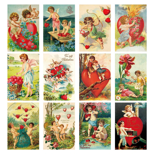 12 cartes de vœux Vintage pour la saint-valentin, cartes postales d'amour en forme de cœur de Cupids antiques, imprimés d'art muraux pour la décoration de la pièce, cadeau pour lui et elle