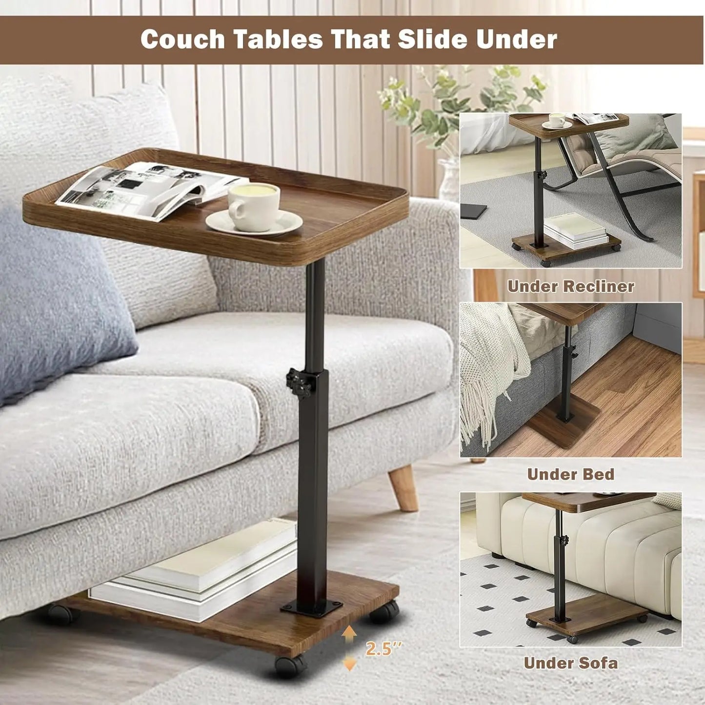 Chariot roulant réglable, Table de chevet, bureau pour ordinateur portable, lit médical pour la maison, plateau alimentaire 360 °   Bureau à domicile de table de plateau de canapé rotatif