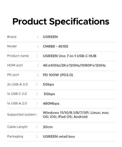 UGREEN Uno 7-in-1 USB HUB Type-C to 4K60Hz HDMI USB3.0 5Gbps RJ45 1000Mbps for MacBook Laptop Accessories Docking Station