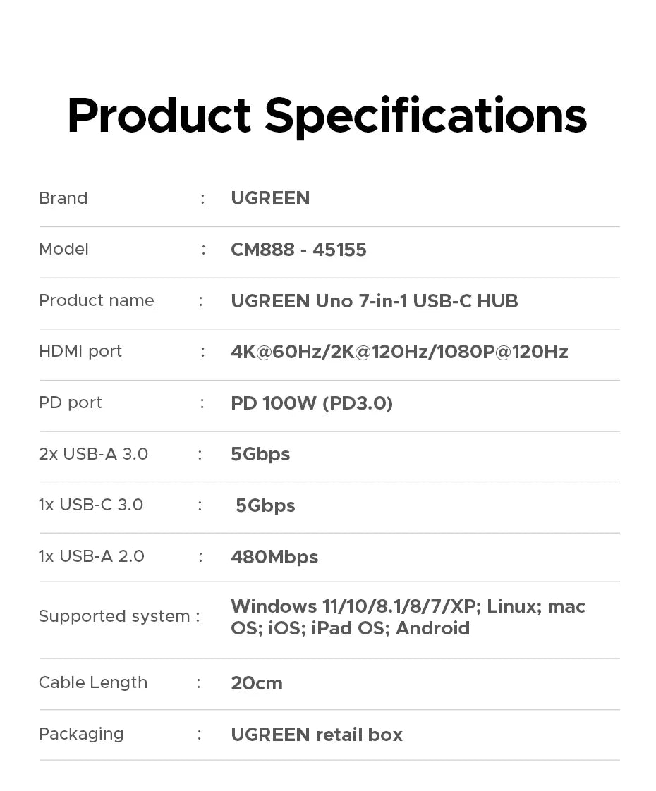 UGREEN Uno 7-in-1 USB HUB Type-C to 4K60Hz HDMI USB3.0 5Gbps RJ45 1000Mbps for MacBook Laptop Accessories Docking Station