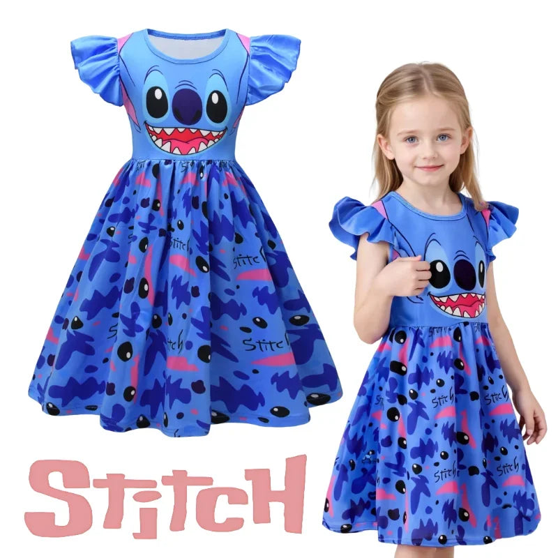 Costume de Cosplay Lilo et Stitch pour filles, robe de princesse bleue foncée imprimée, manches volantes, longueur aux genoux