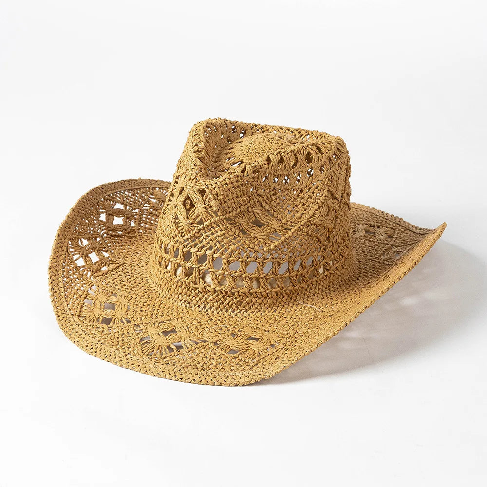 Chapeau de paille de cowboy vert matcha, tissé à la main, creux, pour hommes et femmes, chapeau de soleil d'été, chapeau de paille de cowboy occidental