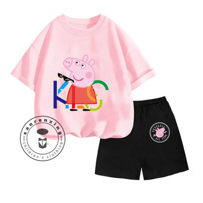 Peppa Pig-themed Animated Cartoon Print Design O-neck Sweet Short Sleeves and Simple Shorts for Boys and Girls Summer Suit