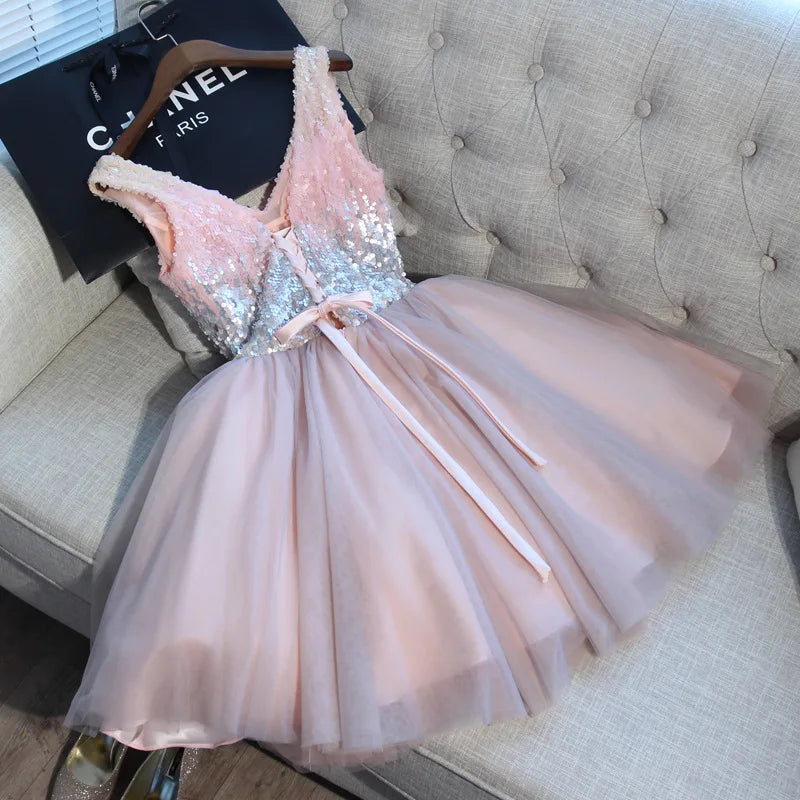 F2122 Customized Short Cocktail Party Dress Girl Graduation Robe 2025 Sweet Memory Colorful Sequined Mesh Tulle Prom Dresses