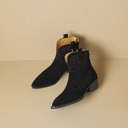 2025 Spring Autumn Chelsea Boots for Woman Cow Suede Pointy Toe Wedge Heel Ankle Boots Cutouts Comfortable Cowboy Boots Female