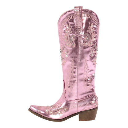 Bottes de cowboy blanches brodées Onlymaker pour femmes, à talon bloc, bout pointu, ornées de cristaux, style cowgirl.