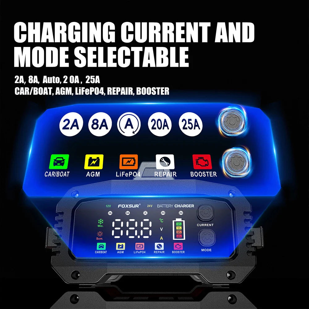 Portable 25A/15A Smart Car Battery Charger Car Booster Pulse Repair for 12V-24V Motorcycle Lead Acid AGM GEL LiFePo4 Batteries