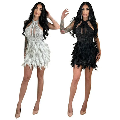 Sexy Glitter Sequins Birthday Dress Women Nightclub Party Halter Backless Feathers Sleeveless Prom Cocktail Short Dresses Robe