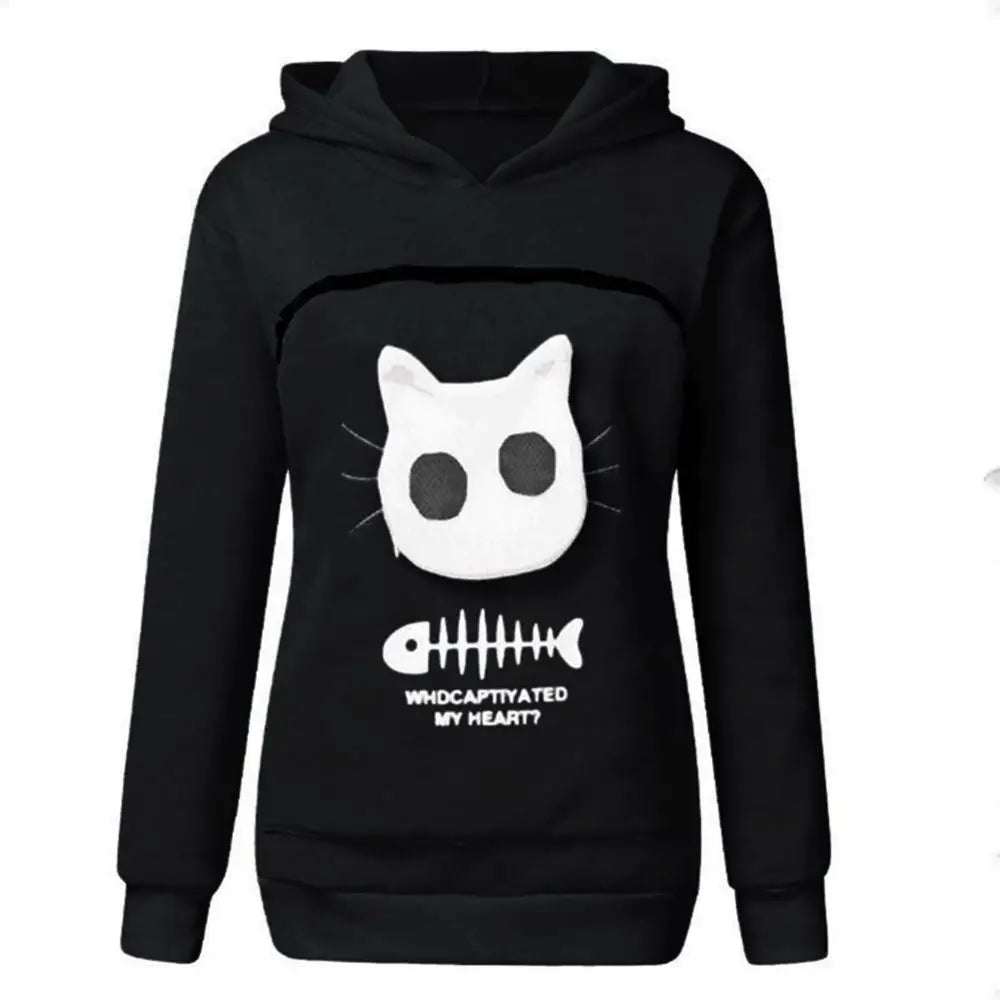 Super Big Pocket Women Sweatshirt Can Put In A Cat Kangaroo Pouch Women Hoodie Fish Bone Print Hoodie Pets Holder Sweatshirt