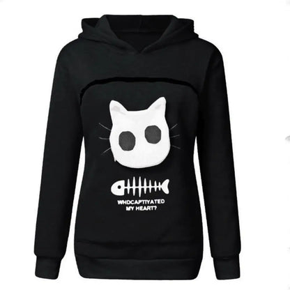 Super Big Pocket Women Sweatshirt Can Put In A Cat Kangaroo Pouch Women Hoodie Fish Bone Print Hoodie Pets Holder Sweatshirt