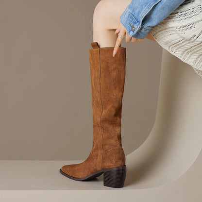 Bottes de Cowboy en Daim de Vache à Talons Hauts pour Femme, Style Vintage, Style Country Western, à la Mode, Automne Hiver