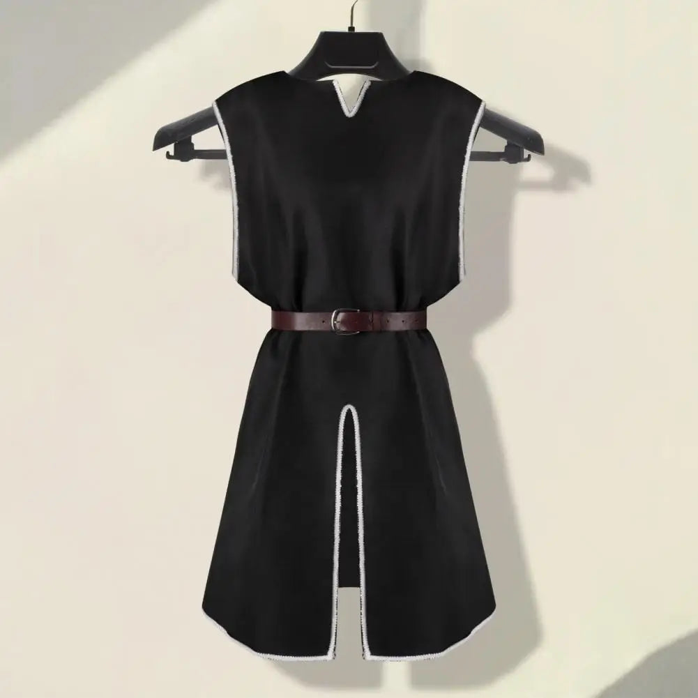 Tunique Viking Médiévale Chemise Col V Sans Manches Avec Ceinture Mi-Longue Grande Taille Cosplay Performance Déguisement Halloween Haut de Pirate