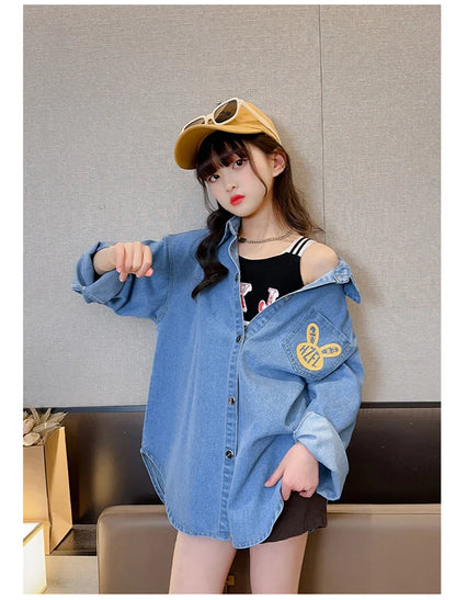 Chemisiers en Denim de Cowgirl de haute couture avec imprimé de lapin pour adolescente, chemise en Denim ample et décontractée à manches longues pour enfants