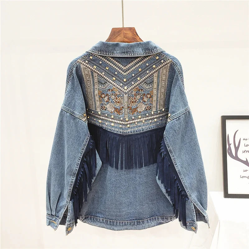 Rivet Embroidery Tassel Denim Jacket Women Loose Long Sleeve Short Outwear Spring Autumn Fashion Black Jeans Jacket Coat Female