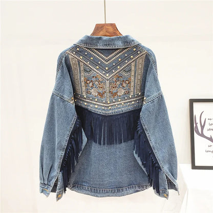 Rivet Embroidery Tassel Denim Jacket Women Loose Long Sleeve Short Outwear Spring Autumn Fashion Black Jeans Jacket Coat Female