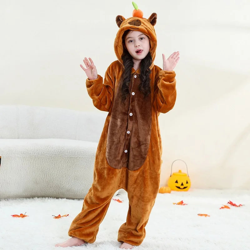 MICHLEY – Combinaison à capuche en flanelle motif Capybara pour enfant, pyjama, grenouillère, déguisement pour Halloween, pour garçon et fille