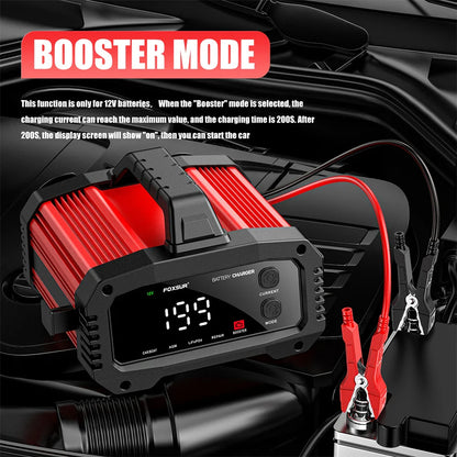 Portable 25A/15A Smart Car Battery Charger Car Booster Pulse Repair for 12V-24V Motorcycle Lead Acid AGM GEL LiFePo4 Batteries