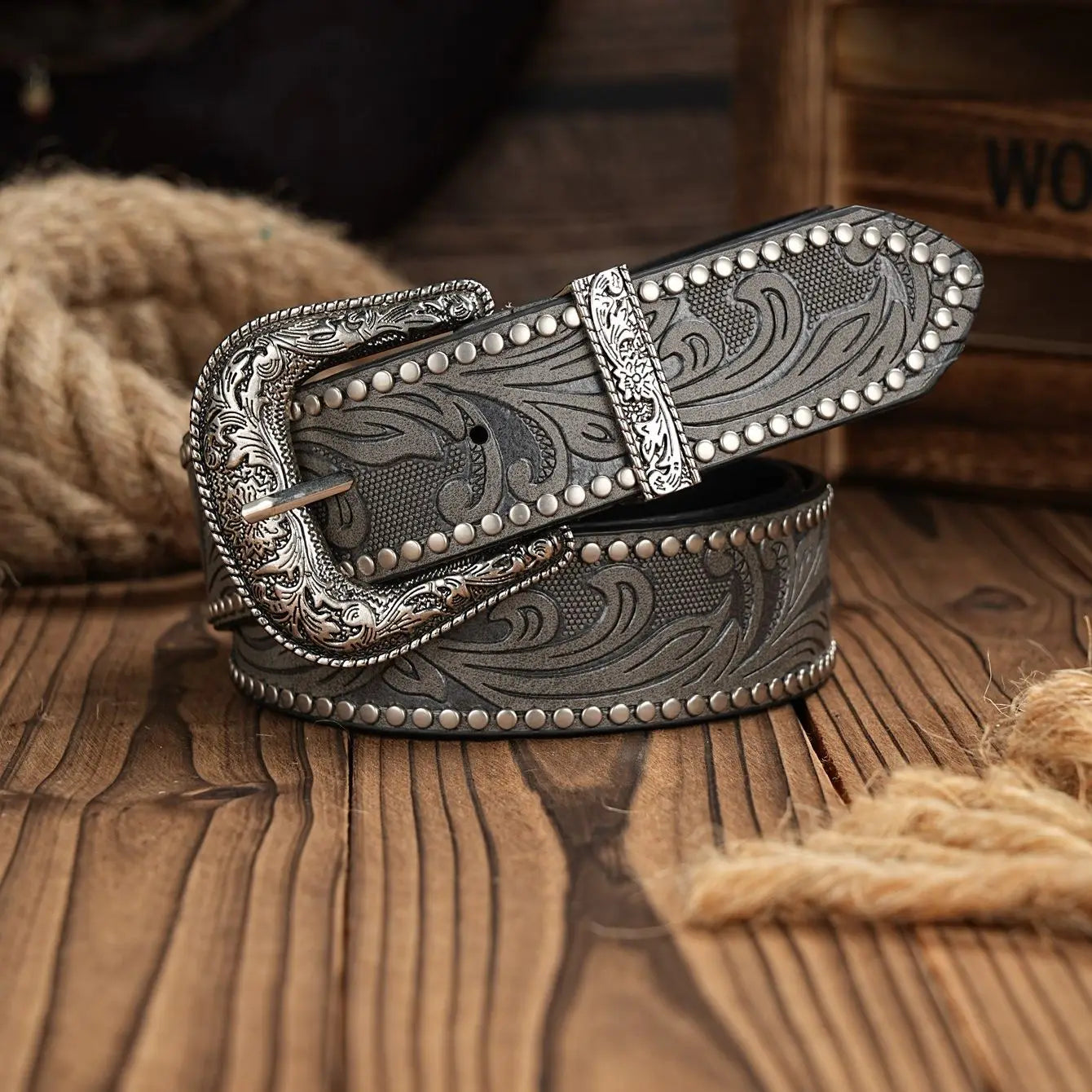 Ceinture Western Cowboy en Similicuir PU - Sangle de Taille Homme Décoration Taureau Gravure Florale pour Jeans