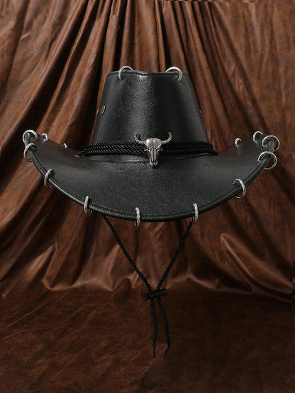 HongLuan – Chapeau de cowboy unisexe en cuir PU noir réglable, style occidental, idéal pour les voyages, avec badge tête de taureau, pour l'extérieur