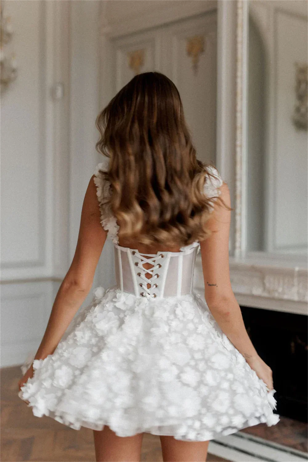 Amanda Custom White Short Evening Dress, Floral Lace, Embroidered, Lace-Up, Spaghetti Straps, Party Wear