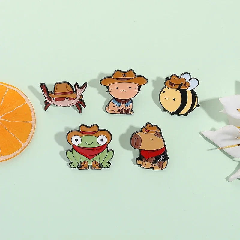 Cowboy Frog Bee Capybara Enamel Pin Cartoon Cowboy Lion Crab Animal Brooches Bag Lapel Bag Badge Funny Jewelry Gift for Friends