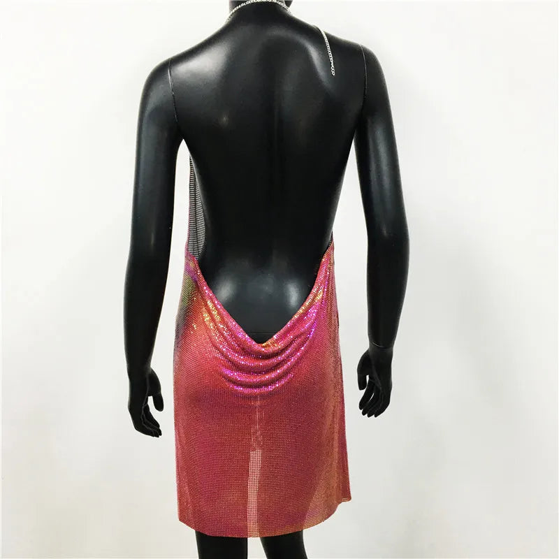 Sparkly Metal Sequins Women Mini Dress Sexy Deep V Neck Backless Halter Neck Side Split Dress Rave Party Club Evening Dresses