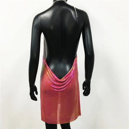 Sparkly Metal Sequins Women Mini Dress Sexy Deep V Neck Backless Halter Neck Side Split Dress Rave Party Club Evening Dresses