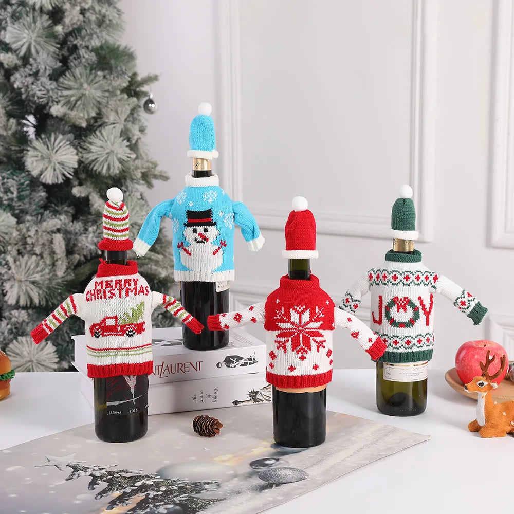 Ensemble de bouteilles de vin de noël tricotées créatives, couvre-bouteille de vin, manches, bonhomme de neige du père noël, nouvel an, décor de Table à dîner