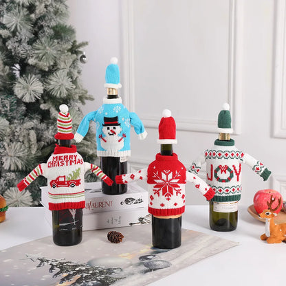 Ensemble de bouteilles de vin de noël tricotées créatives, couvre-bouteille de vin, manches, bonhomme de neige du père noël, nouvel an, décor de Table à dîner